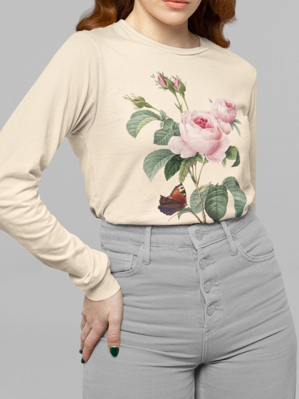 Cabbage Rose Vintage Floral Print Long Sleeve Graphic Tee T-shirt S-XXL